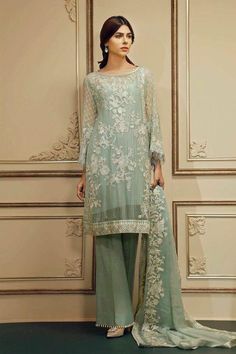 Designer Party Suit. Chiffon Based Cloth With Beautiful Dhaga Tilla Embroidery In Silver Color. 100% Accurate Measurement. High Quality Fabric. Free Shipping. Pakistani Party Dresses, Chiffon Suits, Tilla Embroidery, Dresses Pakistani, Pakistani Party Wear, Suit Collection, Indian Party Wear, Traditional Indian Outfits, Pakistan Fashion