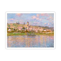 an oil painting on canvas of a town by the water with clouds in the sky