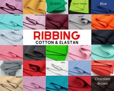 various colors of clothing with the words ribing cotton & elastan on them