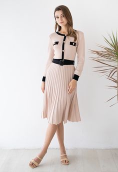 This elegant dress is a must-have this season, it will take you from a classy date to a romantic getaway with ease. Featuring contrast color knit, golden buttons decorated, buckle belt and pleat from waist, it will accentuate any figure with comfort. For a nice fresh finish, pair with classic nude heels or sandals.    - Welt pockets at bust  - Belt with buckle accompanied  - Buttons fastening  - Pleated bottom  - Knit fabric provides flexibility  - Not lined  - 100% Acrylic  - Hand wash cold Luxe Handbags, Ruffle Dresses, Pleated Knit, Tiered Dresses, Middleton Style, Fashion Buyer, Retro Mode, Dresses Floral, Dresses Party