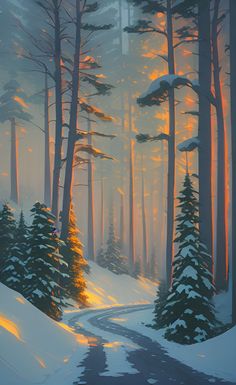 a painting of a road in the middle of a snowy forest with pine trees on both sides