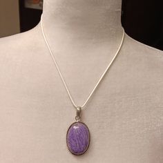 Charoite Gem Stone Necklace Comes On White Cord With Clasp Has Extra Expanded Chain Silver Plated Approximately 11 Inches In Length. Brand New Purple Necklace With Round Stone Beads, Purple Crystal Round Necklace, Purple Gemstone Round Pendant Necklace, Purple Cabochon Round Necklace, Gem Stone Necklace, Purple Pendant Jewelry With Large Stone, Chain Silver, Gem Stone, 11 Inches