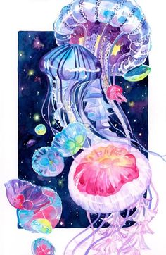 a painting of jellyfishs floating in the water with bubbles and stars around them