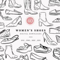 women's shoes drawn in black and white with the title, 40 women's shoes