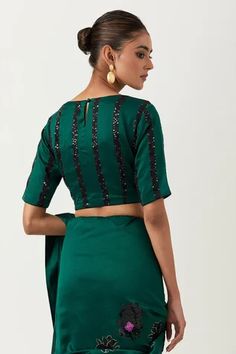 Shop for Label Earthen Green Chameli Embroidered Saree With Blouse for Women Online at Aza Fashions Label Earthen, Bottle Green Saree, Padded Blouse, Embroidered Saree, Sequin Embroidery, Green Saree, Blouse For Women, Sequins Embroidery, Bottle Green