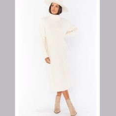 Cream Cable Knit Sweater Dress Size Xs, New With Tags Cream Midi Dress For Fall, Cream Long Sweater Dress For Fall, Beige Long Sleeve Midi Dress For Winter, White Textured Knit Dress For Fall, Cozy Spring Midi Length Dress, Casual Winter White Dresses For Winter, Casual Winter White Dress, Knitted Spring Sweater, Cream Knit Dresses For Fall