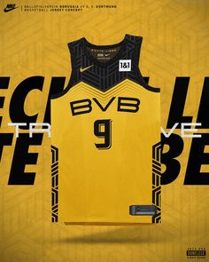 a yellow basketball jersey with the number 9 on it and black lettering that reads bvb