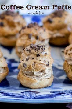 coffee cream puffs on a blue and white plate with the words, coffee cream puffs