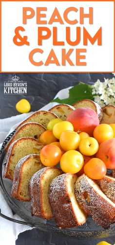 a cake with apples and plums on top is shown in front of the words peach and plum cake