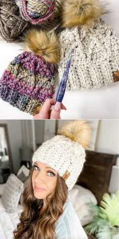 two photos with different hats on them and one has a crochet hat in the middle