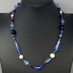 VINTAGE Czeck Blue Glass Bead Necklace Pressed Molded White Round Tube 21" Blue Glass Beaded Chain Jewelry, Vintage Blue Single Strand Jewelry, Vintage Blue Glass Necklace, Vintage Blue Glass Jewelry, Blue Glass Necklace With Colorful Beads, Blue Single Strand Glass Jewelry, Blue Glass Necklaces With Colorful Beads, Blue Polished Beads Costume Jewelry Necklace, Blue Costume Jewelry Necklaces With Polished Beads