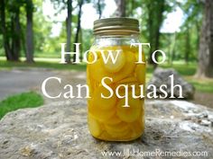 a jar filled with yellow squash sitting on top of a rock