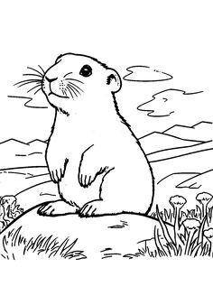 a groundhog sitting on top of a rock with mountains in the background coloring page