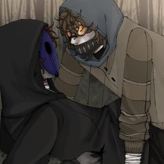 a person in a hooded jacket with a cat on his back and another animal behind him