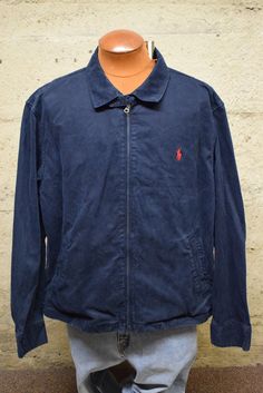 "Vintage Polo Ralph Lauren Full Zip Collared Navy Blue Harrington Jacket 90's XXL Measured Size   Under Arm to Under Arm 27.5\" Top to Bottom 27\" Shoulder Seam to Cuff 26\" Excellent condition. Minimal fading   We sell 'As Is\" We extensively look over every garment that we post on Etsy. However, things do get missed. While we want our clients to love each piece as much as we do some things won't be up to some standards. We ask that you keep in mind that these are vintage pieces that hold an in Ralph Lauren Harrington Jacket Outfit, Navy Casual Sport Coat For Streetwear, Casual Navy Sport Coat For Streetwear, Casual Fitted Sport Coat For Streetwear, Fitted Casual Sport Coat For Streetwear, Casual Blue Cotton Sport Coat, Ralph Lauren Harrington Jacket, Preppy Sweater, Classic American Style