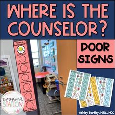 "Cute and functional \"Where is the Counselor?\" printable door signs for your school counseling office will help colleagues know whether or not they can enter your office and where to find you when you are out of your office. Your download includes directions for assembly, 4 color sign options (each with a flattened version and an editable version) and 1 page with an editable white version for changing the color of the shapes and the wording in the text boxes. Your zip-file includes a 10-page P Elementary School Counselor Office, Counselor Door Sign, Guidance Office, School Counseling Office, School Counselor Office, Office Door Signs, Elementary School Counselor, School Counseling Lessons, School Social Worker