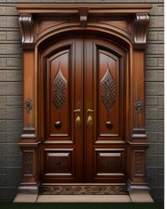 an image of a wooden door in front of a brick wall