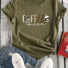 Women’s Olive Green Coffee Queen Short Sleeve T-Shirt ~ L Coffee Queen, T Shirt Crop Top, Color Block Tee, Black And White Tops, Coffee Shirts, Source Unknown, Tour Shirt, Casual Everyday, Crew Neck Tee