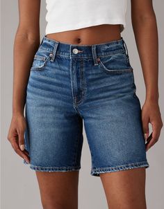 AE Strigid 8" Perfect Denim Bermuda Short Bermuda Shorts Outfit Summer, Long Denim Shorts Outfit, Bermuda Shorts Outfit, Modest Shorts, Long Denim Shorts, Jean Short Outfits, Denim Shorts Outfit, Shorts Outfits Women, Summer Shorts Outfits