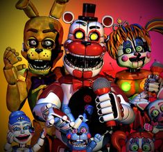 five creepy clowns are standing together in front of a multicolored background with one holding a microphone