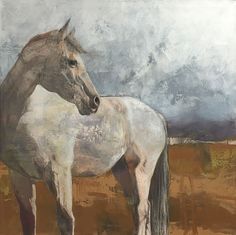 a painting of a white horse standing in a field