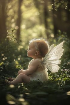 a baby sitting in the grass with a fairy wings on her head, looking at something