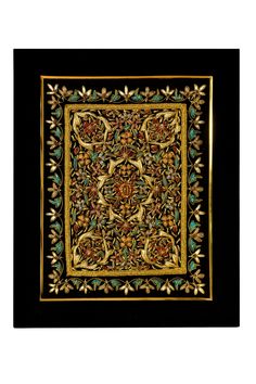 an intricately designed square with gold and green accents on black background, framed in wood