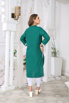 ➤ Fabric = Shirt - Fine Cotton Lawn Chikankari ➤ Color = Shirt - Forest Green ➤ Length = Medium Size Shirt Length 40 inches (High-Low Design). ➤ ➤ Experience the Comfort and Style of IshDeena Indian Chikankari Kurtis Our IshDeena Indian Chikankari Kurtis are the perfect solution for women looking for comfortable and stylish traditional wear. Made from 100% pure cotton lawn, these Kurtis ensure the highest quality and durability. The soft and breathable material provides a comfortable experience, Green Tunic Kurta For Eid, Navratri Long Sleeve Self-design Churidar, Navratri Long Sleeve Self Design Churidar, Green Long Sleeve Lawn Suit With Pallu, Green Straight Kurta Tunic For Eid, Green Long Sleeve Churidar For Eid, Green Self-design Long Sleeve Kurta, Fitted Tunic For Eid, Green Long Kurta With Chikankari Embroidery