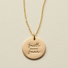 Faith over Fear Disc Necklace | Made by Mary Words Of Courage, Stamp Jewelry, Gold Bar Necklace Personalized, Faith > Fear, Made By Mary, Spirit Of Fear, Necklace Quotes, Dainty Choker, Diamond Solitaire Necklace