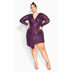 Turn up the heat at your upcoming girls' night out in the captivating violet Razzle Dress! This ultra-sexy piece features a mini-length hemline adorned with all-over sequins that shimmer in the light. The deep V-neckline and wrap design beautifully accentuate your curves, making it an irresistible choice for a night of fun and excitement. Bold and fiercely fashionable, no one does plus size fashion like City Chic. Loved around the globe for its diverse range of fashion-forward styles for any occ Dress Outfits Party, Formal Occasion Dress, Dresses Date Night, Long Sleeve Sequin Dress, Date Night Dresses, Draped Dress, Fit N Flare Dress, Sheer Sleeves, Chic Woman