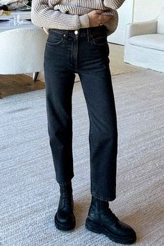 Vintage Stovepipe Ankle - Black Black Straight Jeans Outfit, Black Denim Jeans Outfit, Straight Jeans Outfit, Denim Jeans Outfit, Straight Leg Jeans Outfits, Converse Outfit, Emerson Fry, London Look, Black Jeans Outfit