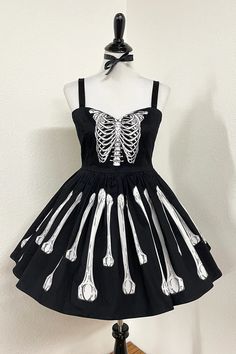 Skelly Prudence Dress – The Oblong Box Shop™ Skull Outfit, Spooky Outfits, Spooky Fashion, Dress References, Flair Skirt, Halloween Dresses, Skeleton Dress, Witchy Style, Jack Skeleton