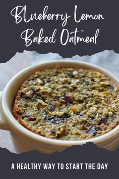 blueberry lemon baked oatmeal in a white bowl with text overlay