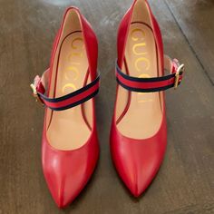 Bnib Gucci Heels Size 37.5 No Dust Bags In Box Gucci Ankle Strap Heels For Office, Designer Red Calf Leather Heels, Gucci Ankle Strap Heels In Calf Leather, Gucci Red Heels With Branded Heel Counter, Gucci Luxury Heels With Red Sole, Gucci Leather Heels With Red Sole, Luxury Gucci Heels With Red Sole, Gucci Red Leather Heels, Gucci Red Heels For Evening