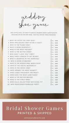 a printable wedding game with the words bridal shower games printed and shipped