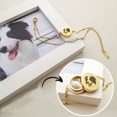 a dog with its mouth open next to a box containing two lockes and a chain