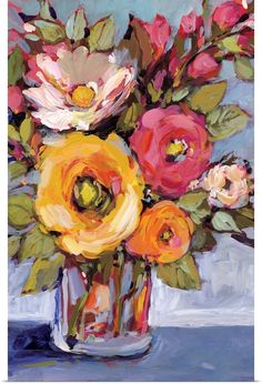 an oil painting of flowers in a vase