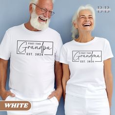 Celebrate the grandest announcement in style with our Custom Est Grandma and Grandpa Shirt, a whimsical and heartwarming gift for the newest members of the grandparent club, ensuring they wear their excitement proudly and fashionably!  Repeat Grandparents Listing: https://bohemianbloomdesigns.etsy.com/listing/1681128711 Everything You Need to Know: 👕 T-shirt Brand Bella and Canvas | Unisex Adult Sizing ⏳🚚 Production & Shipping All items are made-to-order. They will ship within 1-5 business day White Graphic Print Top For Anniversary, Funny Personalized White T-shirt, White T-shirt With Name Print For Anniversary, White Family Matching T-shirt, White Top With Name Print For Family Events, Customizable White Tops For Family Events, White Tops With Name Print For Family Events, Customizable White Tops For Gifts, Customizable White Tops As Gifts