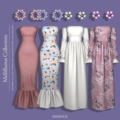 four dresses are shown in different colors and sizes, with flowers on the sides of them