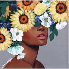 a painting of a woman with sunflowers on her head and flowers in her hair