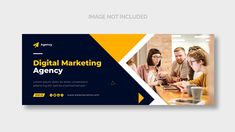 a banner for digital marketing agency with three people working on laptops and talking to each other