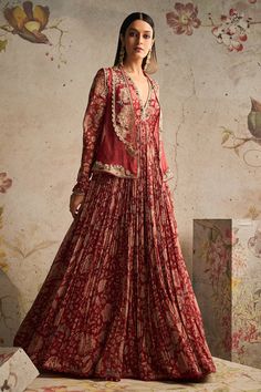 Ridhi Mehra-Dazzle Red Ochre Printed Anarkali And Jacket-INDIASPOPUP.COM Organza Jacket, Ridhi Mehra, Chiffon Jacket, Long Anarkali, Anarkali Dress Pattern, Red Ochre, Jacket Fabric, Red Chiffon, Indian Gowns