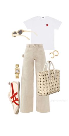 Outfit Flatlay, Flatlay Clothes, Scandi Fashion, Style Inspiration Spring Summer, Mum Fashion, Outfit Layout, Uni Outfits, Beige Pants, Everyday Fashion Outfits