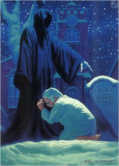 an old man kneeling down in front of a grave with a ghost standing next to him