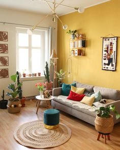 a living room filled with furniture and lots of potted plants on top of it