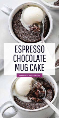 two mugs filled with chocolate cake and ice cream