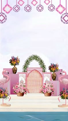 an image of a wedding stage with flowers and flamingos