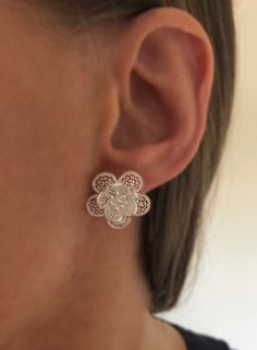 "Silver Flower Earrings Flor de Primavera - Filigree Earrings - Filigree Jewelry - Silver Stud Earrings - Flower Studs - Flower Stud Earrings Filigree - delicate jewellery technique made from silver or golden threads \"embroidering\" kind of metalwork lace that is specific to Spain, especially an Andalusian town Cordoba, where they call it a cordobese filigree. This craftsmanship has been passed from generation to generation, nonetheless nowadays there are very few craftsmen left who know to per White Intricate Drop Earrings, White Clip-on Flower Earrings, White Flower Clip-on Earrings, Anniversary Flower Shaped Clip-on Earrings, Filigree Flower Earrings, White Filigree Drop Earrings, White Earrings With Intricate Design For Anniversary, White Intricate Design Earrings For Anniversary, Filigree Flower Earrings For Gift