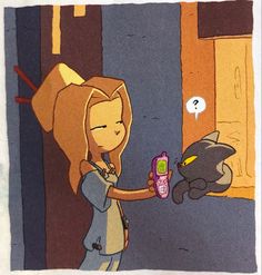 a drawing of a girl holding a cell phone and a cat looking at her reflection in the mirror