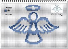 a blue and white cross stitch pattern with an angel on the side, in front of a